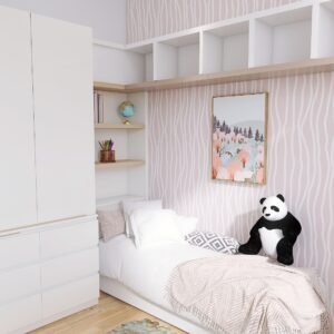 חדר שינה לבנות עם תכנון נגרות המקיף את המיטה. הכולל מידוף וארון בגדים